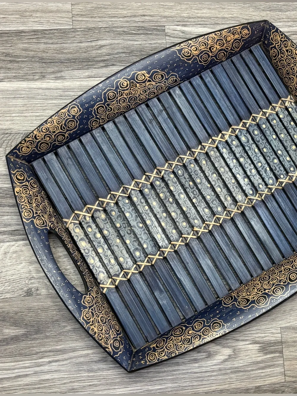 Ten Thousand Villages Blue Bamboo Batik Serving Tray 16x14 Hand Painted Wood Boh